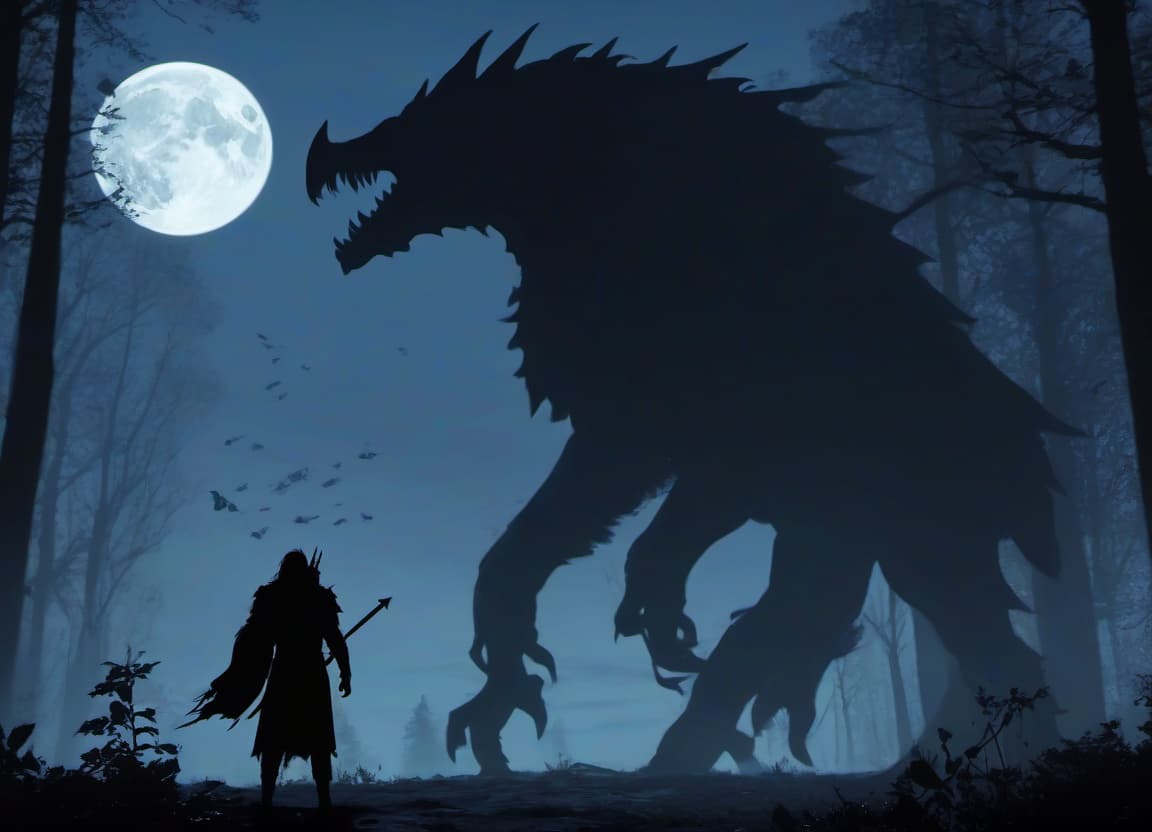  concept art the silhouette of the hero behind which a huge creature from the middle ages, in the full moon and the forest . digital artwork, illustrative, painterly, matte painting, highly detailed, hkmagic