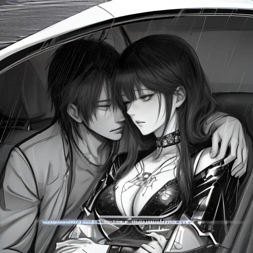  A guy with a girl is returning from a nightclub in a taxi, they are sitting in the back seat of the taxi, the girl has fallen asleep and put her head on the guy's shoulder, outside the window there are neon signs burning and it's raining., Sketch, Manga Sketch, Pencil drawing, Black and White, Manga, Manga style, Low detail, Line art, vector art, Monochromatic, by katsuhiro otomo and masamune shirow and studio ghilibi and yukito kishiro hyperrealistic, full body, detailed clothing, highly detailed, cinematic lighting, stunningly beautiful, intricate, sharp focus, f/1. 8, 85mm, (centered image composition), (professionally color graded), ((bright soft diffused light)), volumetric fog, trending on instagram, trending on tumblr, HDR 4K, 8K