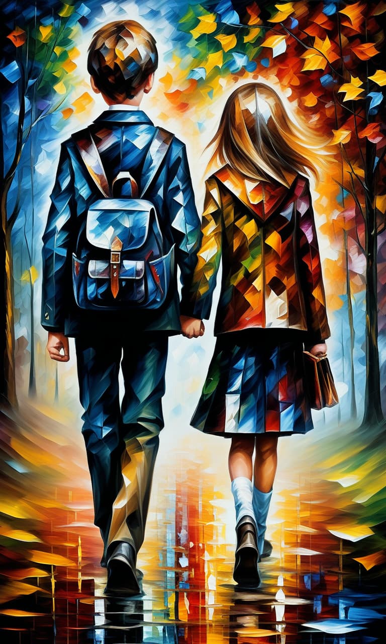  (style of leonid afremov:1.5), boy and girl schoolchildren walking through autumn park with school bags, holding hands, epic realism, anime features, dark fantasy, abstract horror, desaturated color palette, gothic and renaissance aesthetic, (happy smiles:1.4), in school uniform, blue eyes