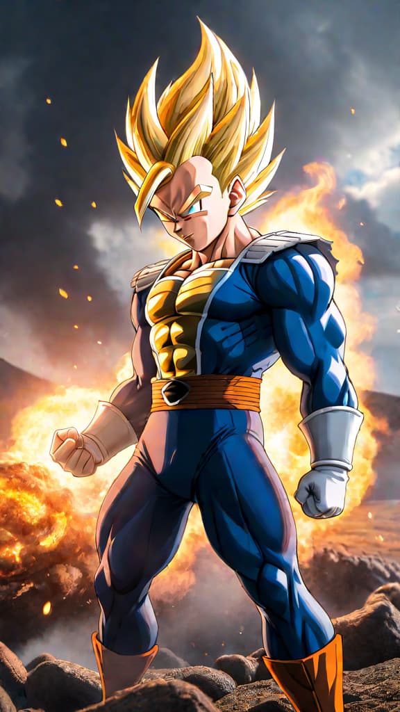  anime art: majin vegeta's inner conflict as he sacrifices himself for his loved ones against majin buu. hyperrealistic, full body, detailed clothing, highly detailed, cinematic lighting, stunningly beautiful, intricate, sharp focus, f/1. 8, 85mm, (centered image composition), (professionally color graded), ((bright soft diffused light)), volumetric fog, trending on instagram, trending on tumblr, HDR 4K, 8K