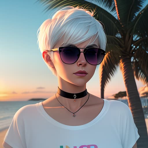  a woman with white hair, a short pixie haircut in sunglasses, a top t shirt, with a choker around her neck, stands against a neon sunset. coast of the sea, shade of palm trees. digital photo. high detail. high realism.