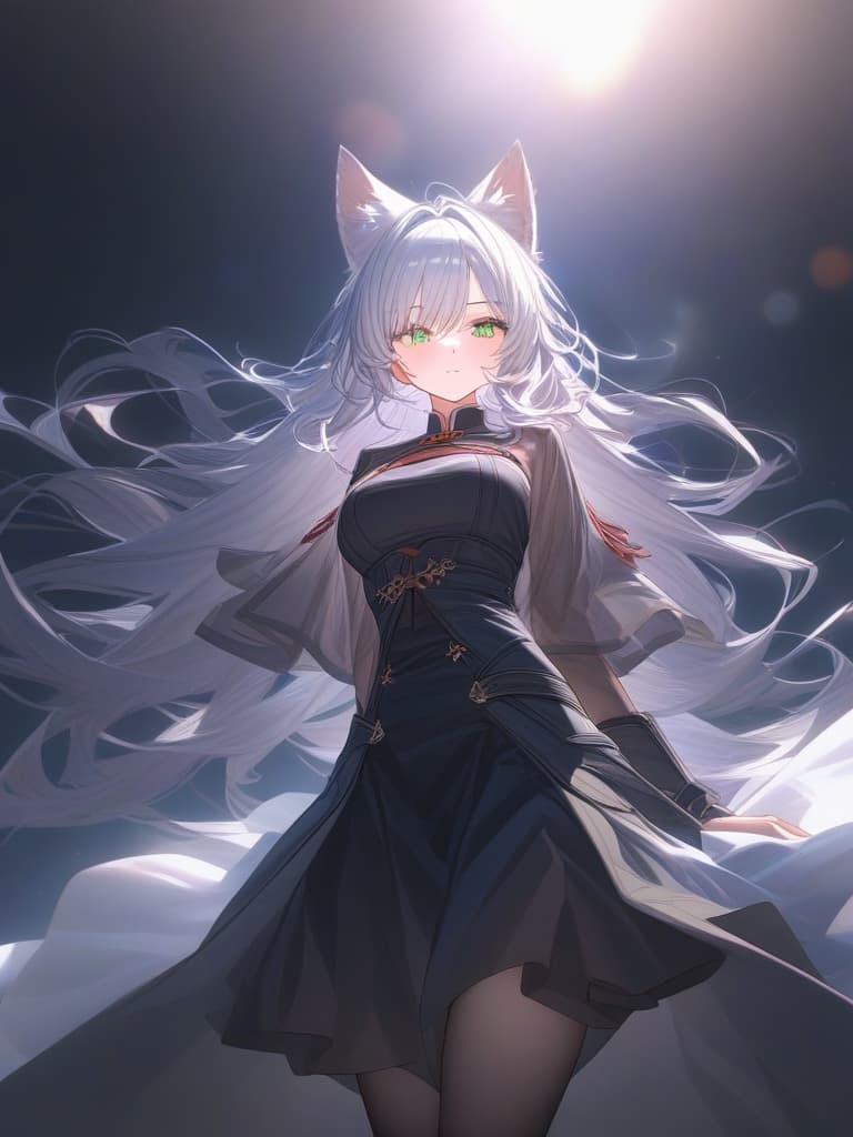  white hair, elf ear, green eye, small girl, white chipao, masterpiece, best quality,8k,ultra detailed,high resolution,an extremely delicate and beautiful,hyper detail hyperrealistic, full body, detailed clothing, highly detailed, cinematic lighting, stunningly beautiful, intricate, sharp focus, f/1. 8, 85mm, (centered image composition), (professionally color graded), ((bright soft diffused light)), volumetric fog, trending on instagram, trending on tumblr, HDR 4K, 8K