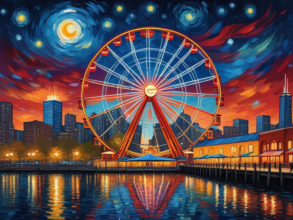  concept art chicago’s centennial ferris wheel, chicago’s navy pier, van gogh's starry starry night with colorful red and orange swirls in the beautiful night sky, chicago skyline with colorful van gogh swirls in the sky, hyper realistic, chicago skyline, mesmerizing, intricate details, flambient golden and red sunrise, dramatic lighting, epic composition, wide angle, cinematic, masterpiece, high resolution, sharp details, best quality, 4k, raw photo, van gogh influence, studio lighting, impressionist, bold colors, starry sky, architectural elements, medium format lens, high angle, cityscape, city life, metropolitan, van gogh's brushstrokes, van gogh's shadows, van gogh's colors, van gogh's textures, nighttime, city scene, streets, night