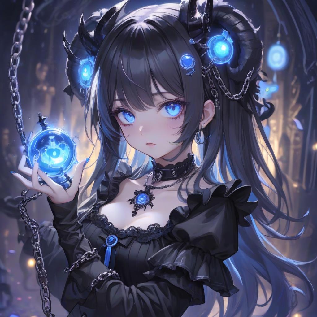  a girl with blue eyes holding a chain, pixiv contest winner, gothic art, discord profile picture, with glowing blue lights, demon black blue purple, portrait of magical lolita girl