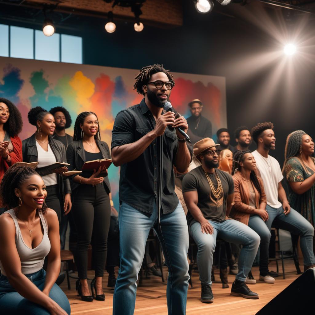  A diverse group of Black individuals standing on a stage during an open mic event. Some are holding microphones, sharing poetry and short stories, while others are displaying pieces of art. The background features a colorful, artistic backdrop with symbols of creativity like paintbrushes, books, and musical notes. An inviting and supportive atmosphere is evident as the audience is engaged and applauding. The scene radiates inspiration and creative expression. hyperrealistic, full body, detailed clothing, highly detailed, cinematic lighting, stunningly beautiful, intricate, sharp focus, f/1. 8, 85mm, (centered image composition), (professionally color graded), ((bright soft diffused light)), volumetric fog, trending on instagram, trending on tumblr, HDR 4K, 8K