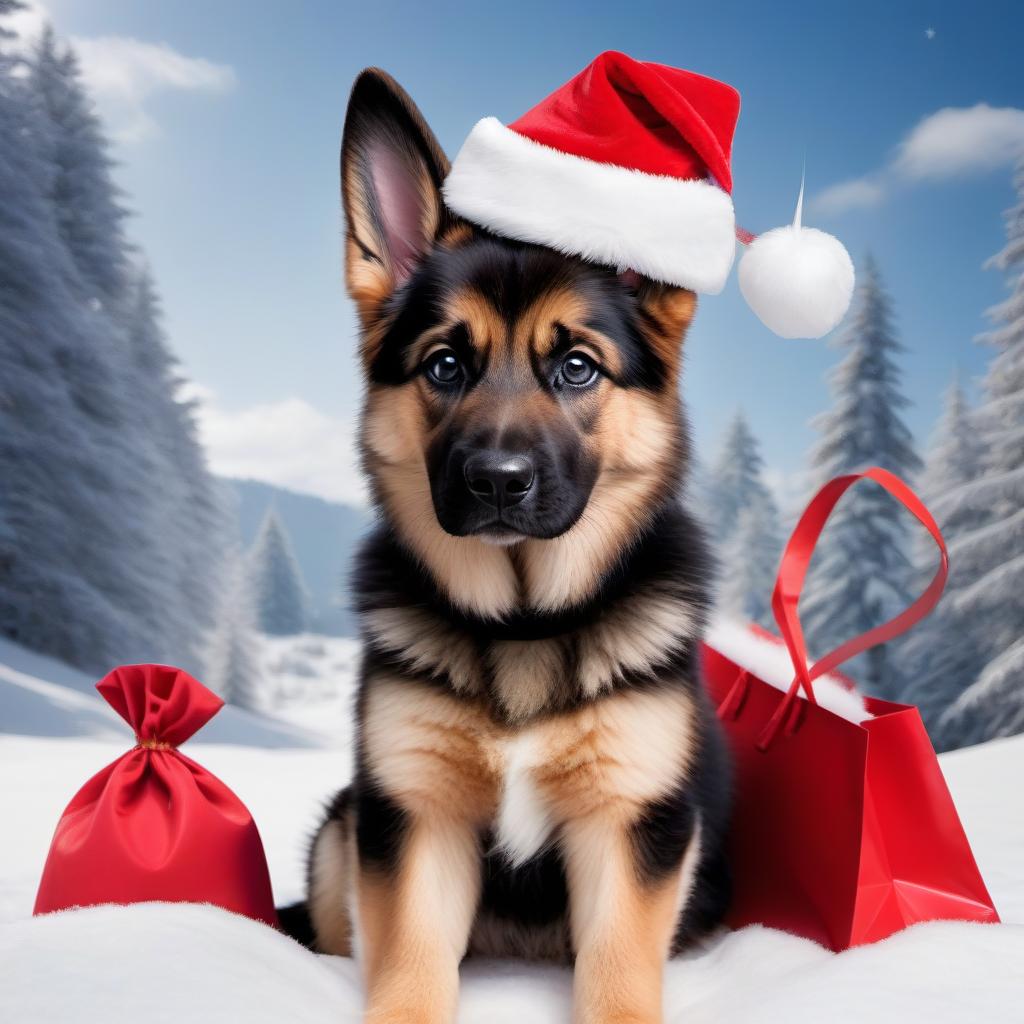  A German Shepherd with a Santa Claus hat and on skis and with a bag of gifts