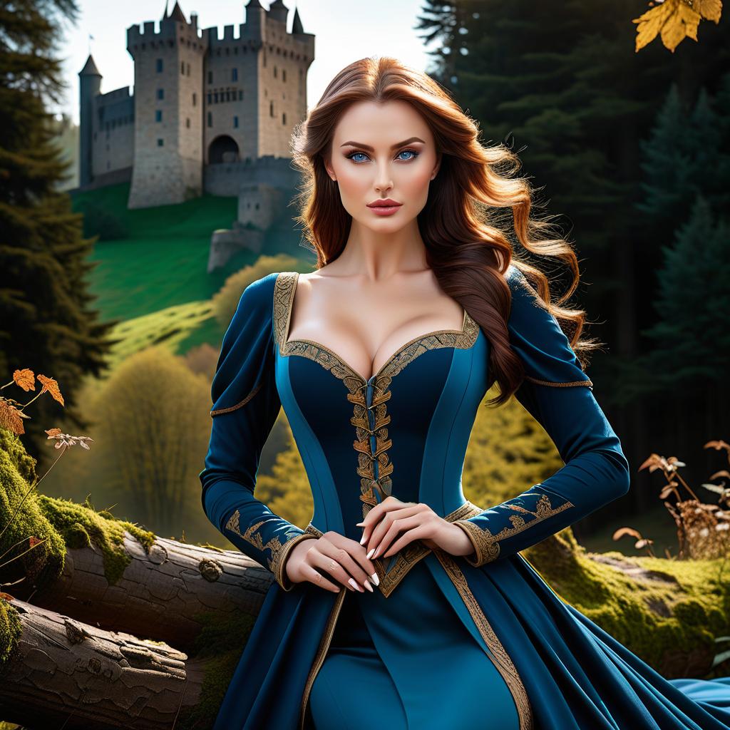  a beautiful with a beautiful figure and a , with a nice face, with blue eyes and a prone look, is worth a full rise, , in the woods, in the background of the medieval castle, high body detail, face, hair and background, realistic image hyperrealistic, full body, detailed clothing, highly detailed, cinematic lighting, stunningly beautiful, intricate, sharp focus, f/1. 8, 85mm, (centered image composition), (professionally color graded), ((bright soft diffused light)), volumetric fog, trending on instagram, trending on tumblr, HDR 4K, 8K