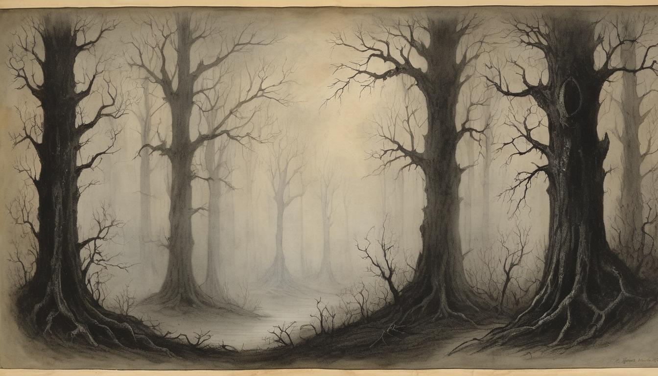  on parchment, surrealism++, dark forest with ethereal glow, ghostly apparitions hovering, eerie mists enveloping trees, haunted, mysterious, unsettling(mysterious, provocative, symbolic)++