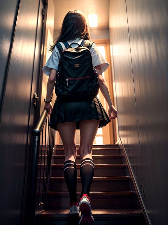  master piece, best quality, ultra detailed, highres, 4k.8k, One girl, Walking up the stairs, Innocent, BREAK Schoolgirls, School staircase, School bags, books, and posters, BREAK Bright and lively, Natural lighting, energetic vibe, starry,strry light,night,colorful,cloud