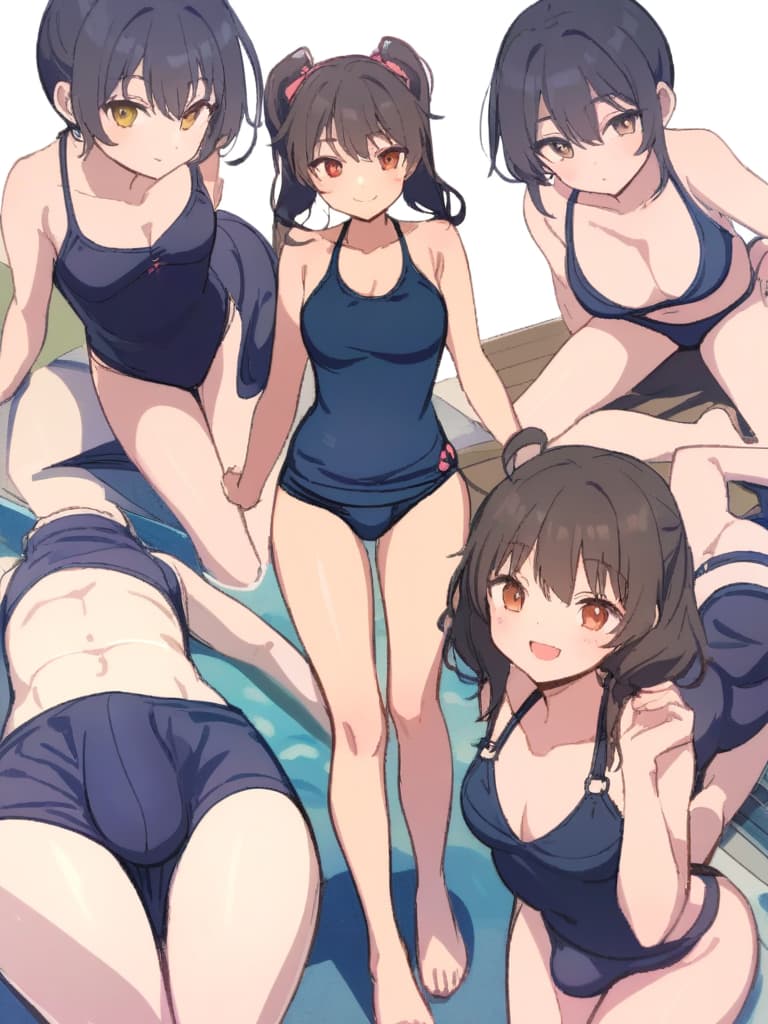  women's elementary students (male), twin tails, cute smiles, (rich s), low stature, dark blue swimwear, old swimwear, , simple (upward), male , (bulge), shaped clear , front , whole body, pool side,