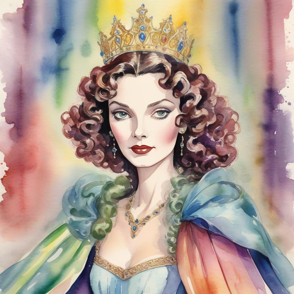  disney watercolor, alcohol inkwork of a medieval disney queen woman with curly hair, face of vivien leigh, colors of the rainbow