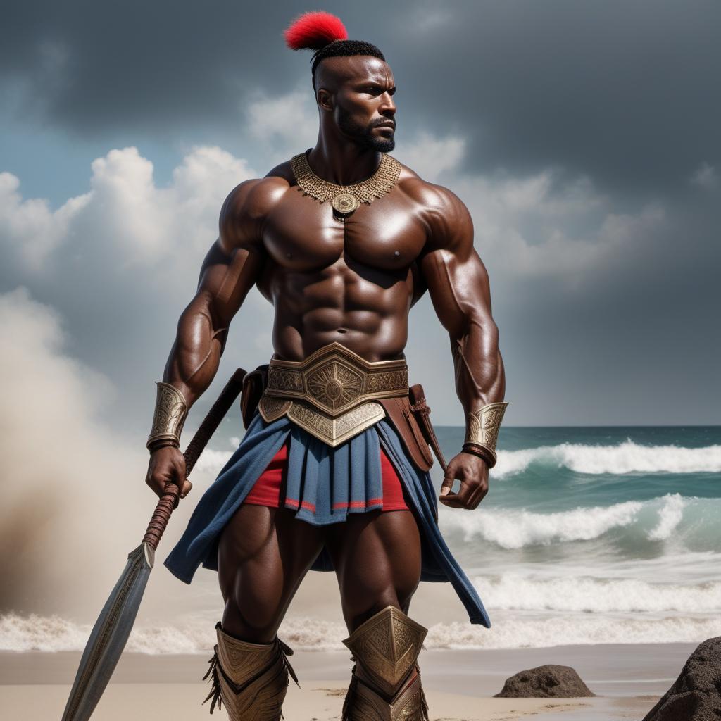  Hyper realistic, positive energy, bodybuilding, super jacked 1804 Haitian Warrior. Depict a bodybuilding Haitian warrior in an epic Spartan beach battle with blood and bruises, flexing his muscles. His appearance embodies strength, resilience, and nobility, with features reflecting his African Haitian Polish diaspora heritage. Include Napoleon French soldiers and their leader laying defeated on the beach. The scene is highly detailed and realistic, capturing the intensity of the battle and the warrior's triumphant presence. hyperrealistic, full body, detailed clothing, highly detailed, cinematic lighting, stunningly beautiful, intricate, sharp focus, f/1. 8, 85mm, (centered image composition), (professionally color graded), ((bright soft diffused light)), volumetric fog, trending on instagram, trending on tumblr, HDR 4K, 8K