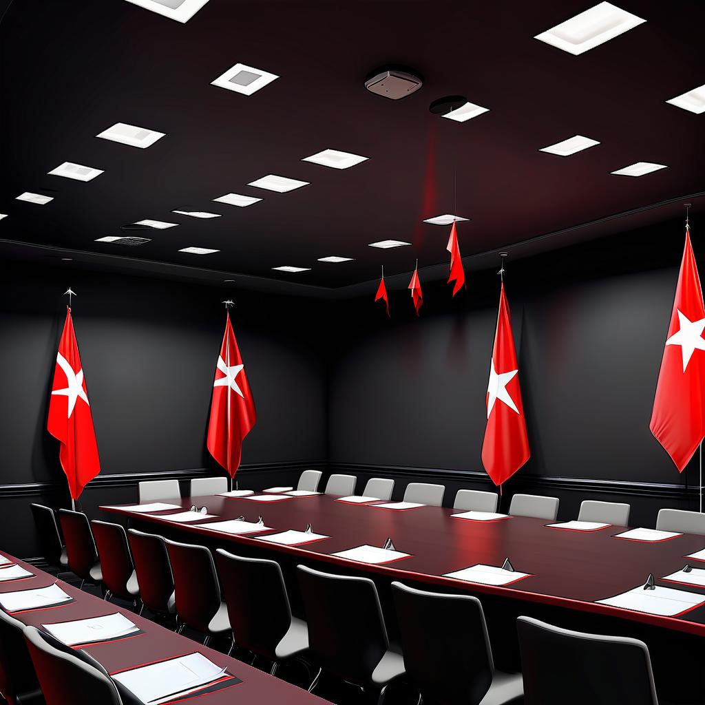  an empty expensively decorated meeting room, with black walls with red flags and a red star