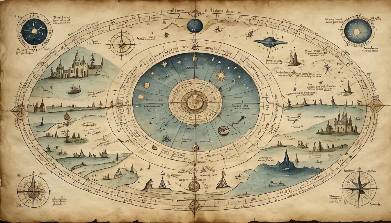  on parchment, surrealism+++, a celestial map being unfolded, details becoming clearer, hands indicating a path, divine plan, preparation for future(mysterious, provocative, symbolic,muted color)+++