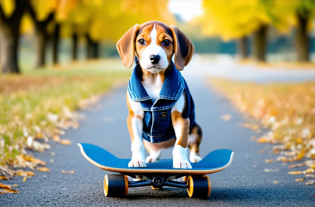  advertising style, stock photo, corporate branding style a beagle puppy stands on four legs on a skateboard on an asphalt path in an autumn park in a denim sleeveless jacket . professional, clean, modern, product focused, commercial, eye catching, minimalist, business oriented, highly detailed