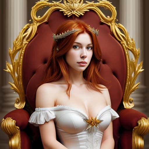  Portrait of a beautiful auburn - haired woman with a guilded crown sitting on a throne with heightened detail