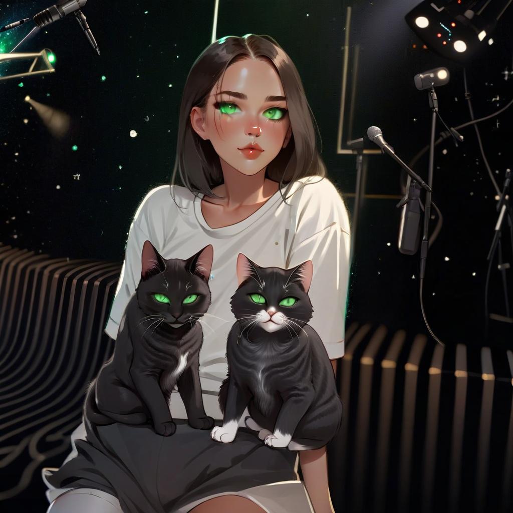  girl with dark green eyes, two cats, space, spotlights, view from the stage, microphone, music, royal grace