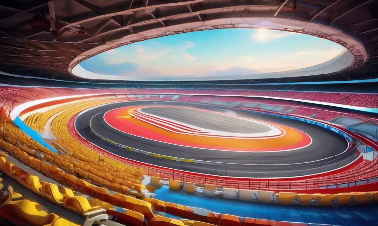  the arena for the battles of cars, racing track, the view from the inside, close up, the stands, floodlights, bright colors, pure colors