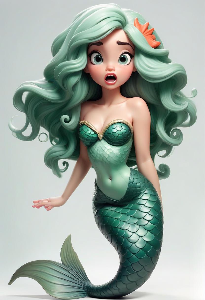  little mermaid siren girl in full height. singing. nice face, plump cheeks, plump lips, big eyes, green hair. fish tail. waves his hand. white background.