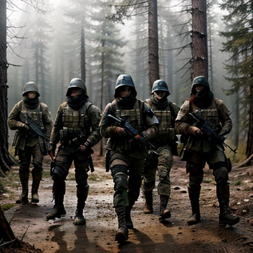 post apocalyptic style, several soldiers in a battle, dark mood, barren forest landscape hyperrealistic, full body, detailed clothing, highly detailed, cinematic lighting, stunningly beautiful, intricate, sharp focus, f/1. 8, 85mm, (centered image composition), (professionally color graded), ((bright soft diffused light)), volumetric fog, trending on instagram, trending on tumblr, HDR 4K, 8K