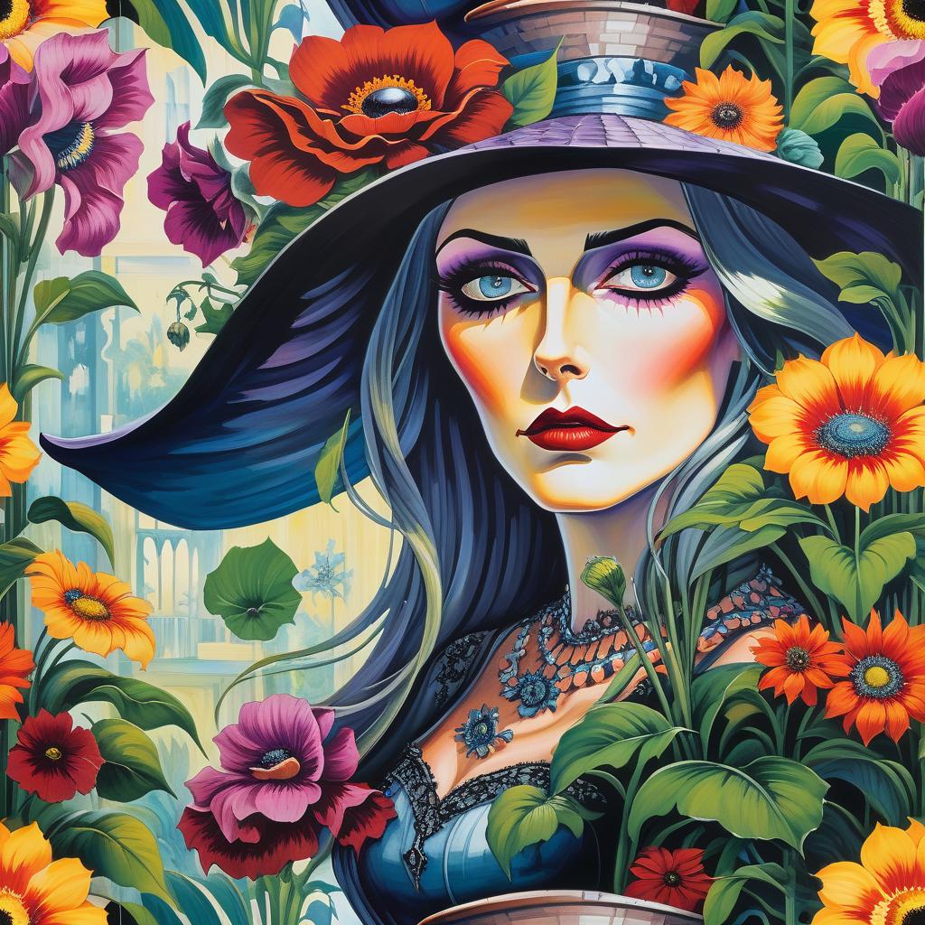  gothic style highly detailed acrylic painting, (double exposure:1.4), depicting a friendly elderly witch woman in a large straw hat decorated with beautiful flowers. a look at the viewer, expressive sly eyes. (anthropomorphic large flowers with mouths and eyes grow in patterned flower pots, they talk:1.5). (flower shop:1.3). the realistic painting conveys the intricate details of a woman's face and clothes, as well as the bright colors and faces of the surrounding flowers. the composition in the form of a long frame gives the scene a sense of depth, while the studio lighting enhances each brush stroke. the style of the works of jan van eyck and paul cezanne. this piece will undoubtedly be a great addition to any art collection. . dark, myst