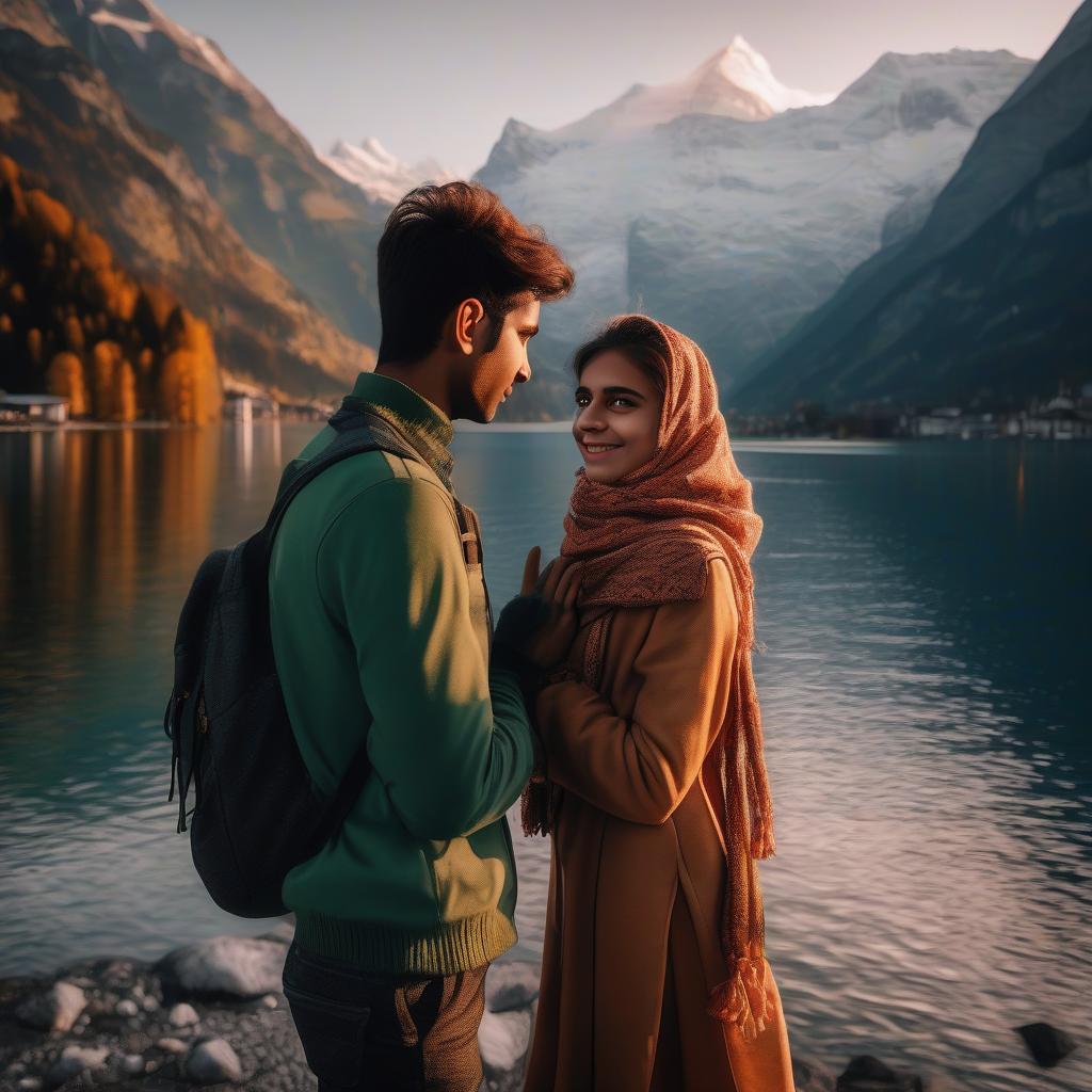  imagine a pakistani boy and a russian girl against a backdrop of mountains and a lake in switzerland. the sunrise illuminates this pair beautifully