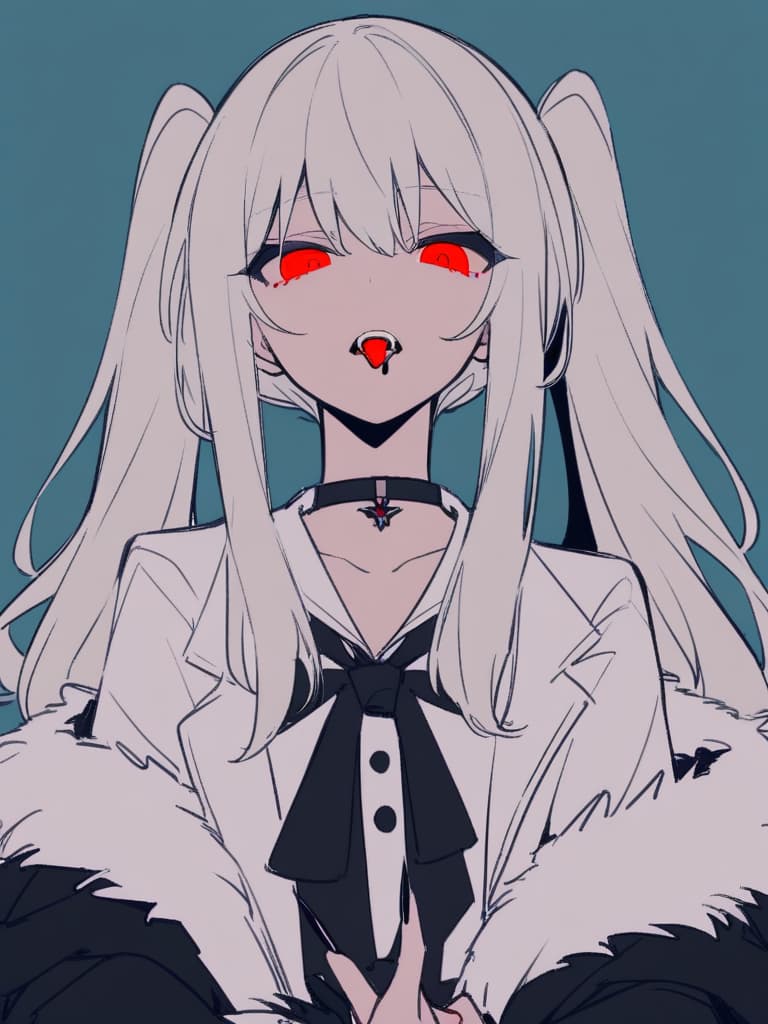  flat color, flat color, one girl, alone, tongue, twin tail, red eyes, blood, black claws, jewelry, fur trim, tongue out, gaze, jacket, blue background], both sides. opening, long hair, angel, [open the mouth, black tie, shirt, ring ed eyes, matching, wings, jacket, upper body, collar ed shirt, blonde, choker, short sleeves, black jacket, white. wings, collars, shoulders, bow, [nail polish, bangs, hair