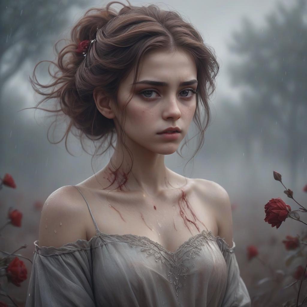  a girl with a brooding look and bloody hair, a graceful and beautiful figure, high detail, tender, flickering lights around her, half brown flowers winding around, a dull background with fog and soft light, a mysterious and slightly gloomy atmosphere, a light wind moves hair and clothes, raindrops sparkle on the skin