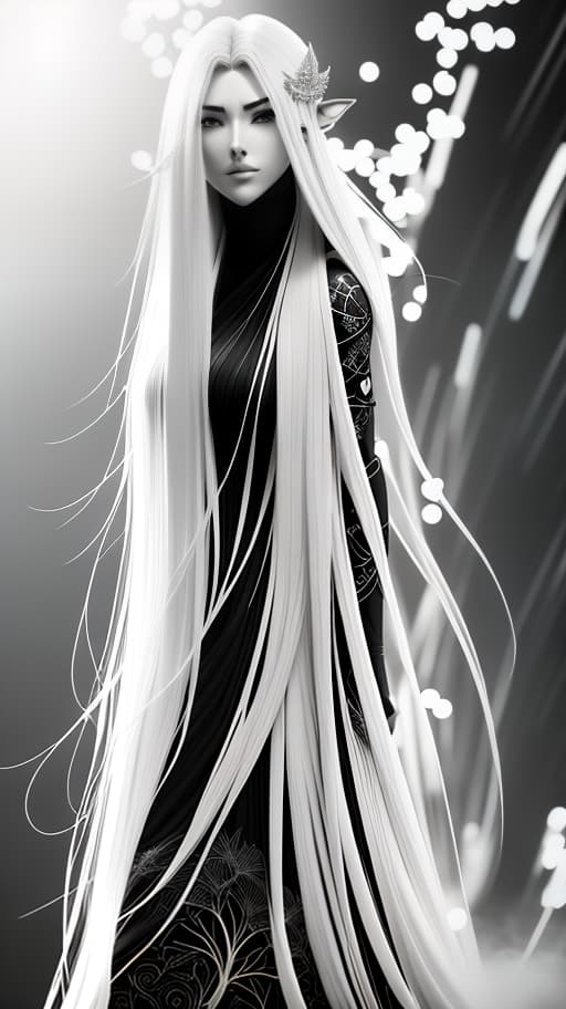  a black and white vector, an elf with a high quality, beautiful face in full growth, a straight up wearing a short dress with long white hairs of the contour line, pencil drawing, black and white, b&w, low detail, sketch, concept art, manga style, anime style, line art, webtoon, manhua, chalk, hand drawn, defined lines, simple shades, simplistic, manga page, minimalistic hyperrealistic, full body, detailed clothing, highly detailed, cinematic lighting, stunningly beautiful, intricate, sharp focus, f/1. 8, 85mm, (centered image composition), (professionally color graded), ((bright soft diffused light)), volumetric fog, trending on instagram, trending on tumblr, HDR 4K, 8K