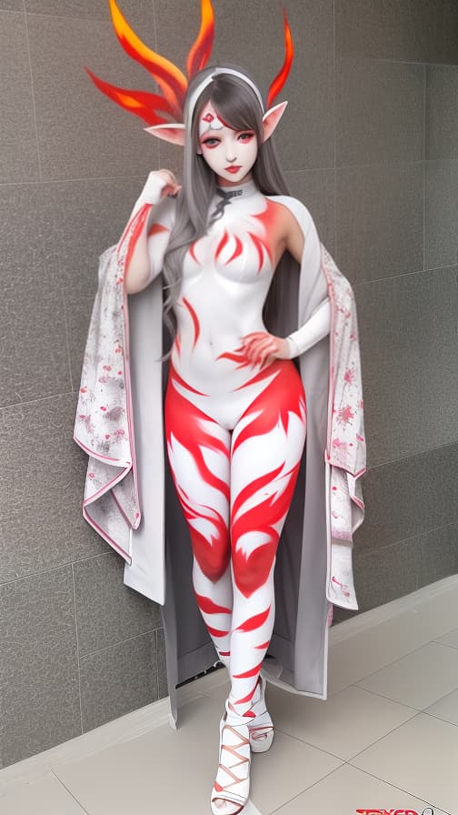  Grey and red flame pattern body paint in every corner of the whole body,White body paint full body, White flame pattern face paint on the face, two dark elfs, full body image 女性