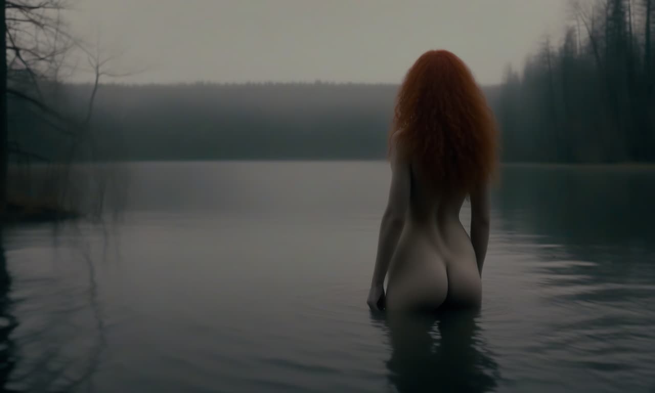  horror themed a naked woman walks into a lake. view of a woman from the back, she has curly red hair, and a beautiful figure lake in fog, with dense forest in the background . eerie, unsettling, dark, spooky, suspenseful, grim, highly detailed