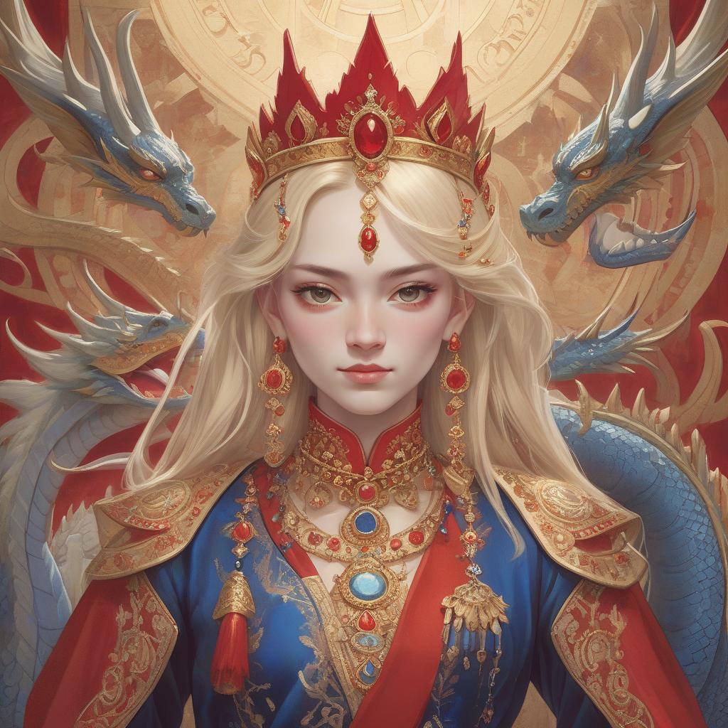  a detailed illustration of a woman with gold hair, a red crown adorned with red and blue gems, and richly embroidered clothing. enhance this picture, and show a dragon sign on it