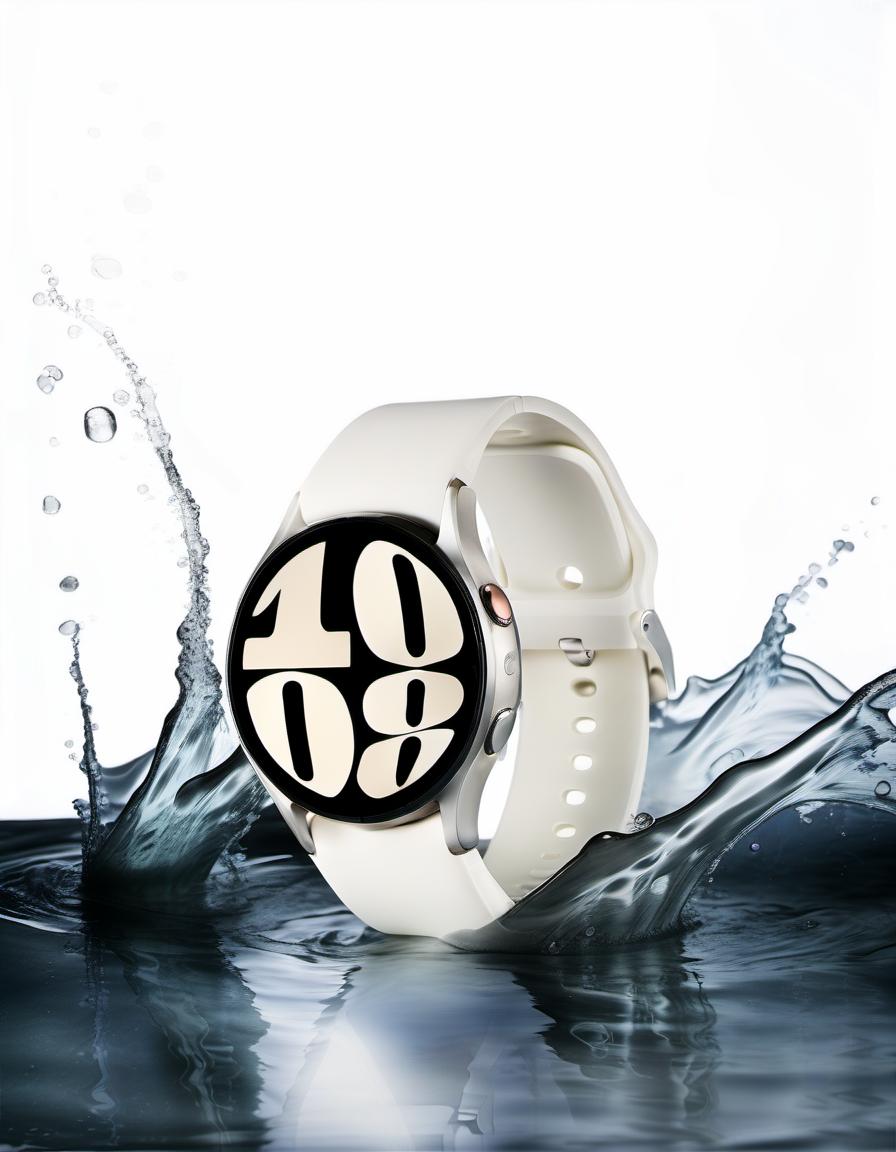  smart watch on a white background, around beautiful splashes of water, film photography style