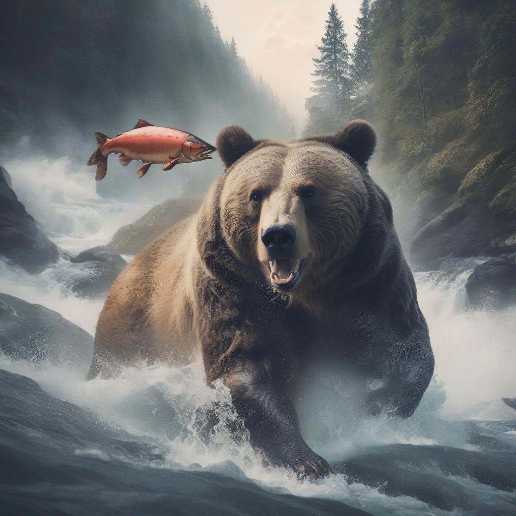  merged, jed dblexpsre effect, double exposure a close up silhouette of a bear's head, epic atmosphere with a river rapids with ((salmon swimming)) upstream and jumping from the water, forest backdrop byneuralartstudio, <lora:doubleexposure 000007:1>