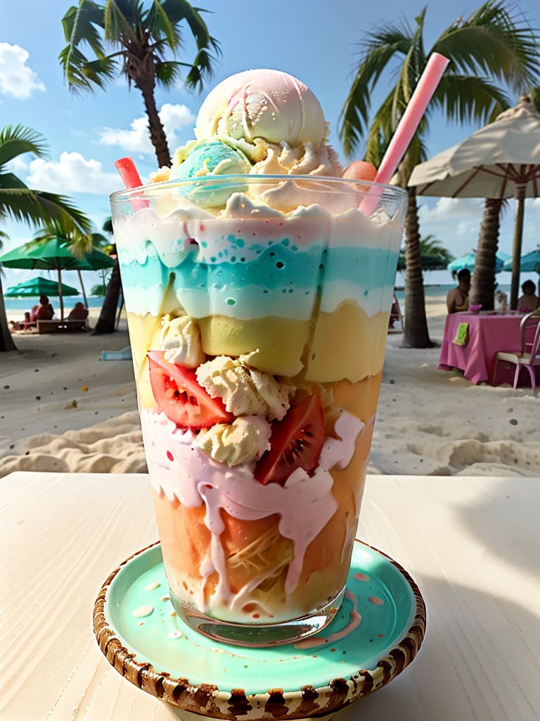  (anime style)(melon soda float with ice cream on it)(beach)(on the table)(close up)no photo,no real