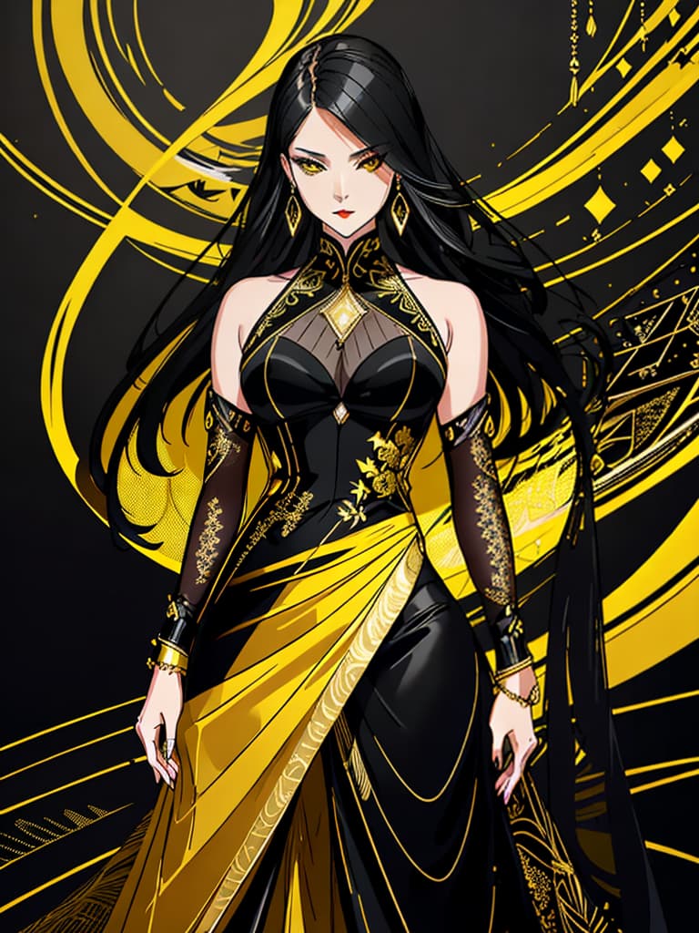  Golden yellow and sleek black color palette, captivating and inviting expression, exuding elegance and charm, magnetic beauty, intricate details, high contrast, luxurious feel, digital art, female, glossy finish, striking composition, dynamic lighting to enhance features.