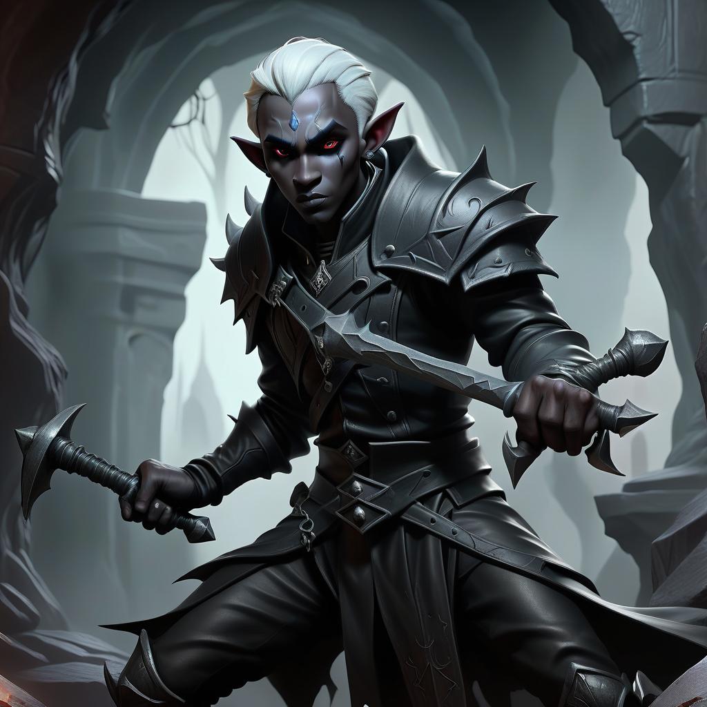  macabre style drow male elf cleric, simble plain black leather jacket, simple iron battle mace, dark cave temple . dark, gothic, grim, haunting, highly detailed, civitai, hkmagic