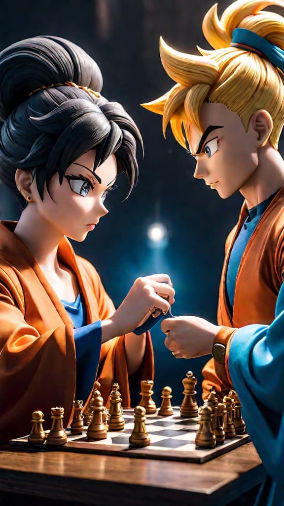  anime art: z fighters as puppets in a cosmic chess game in the dragon ball universe. hyperrealistic, full body, detailed clothing, highly detailed, cinematic lighting, stunningly beautiful, intricate, sharp focus, f/1. 8, 85mm, (centered image composition), (professionally color graded), ((bright soft diffused light)), volumetric fog, trending on instagram, trending on tumblr, HDR 4K, 8K