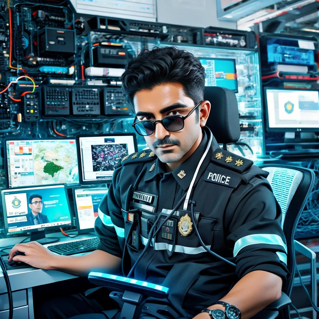  an iranian police officer sitting behind a computer desk working with cyber background, award winning, professional, highly detailed, masterpiece