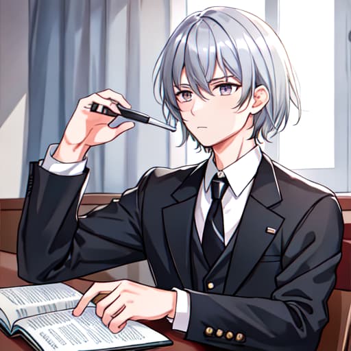  ((((masterpiece)))), best quality, very high resolution, ultra detailed, in frame, university student, man, silver hair, silver eyes, short hair, school uniform, expressionless, serious, youthful, handsome, stoic, determined, focused, intelligent, formal, neat, stylish, academic, diligent, reserved