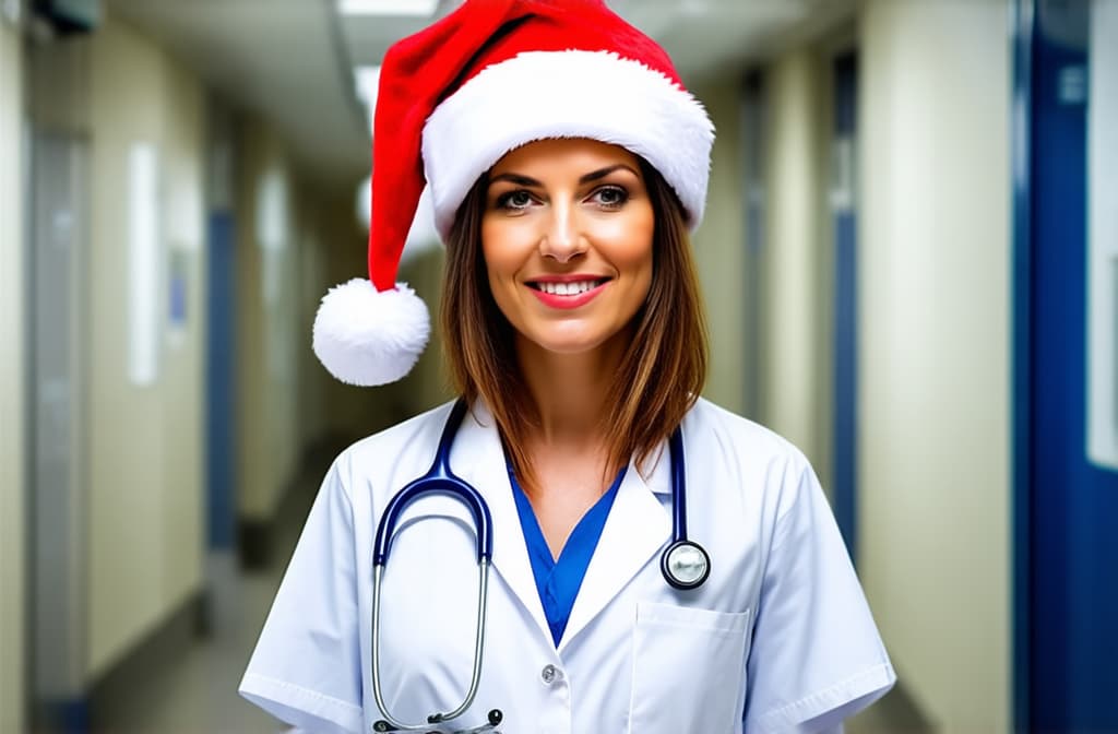  female doctor in santa hat in hospital corridor, space for text on right ar 3:2, (natural skin texture), highly detailed face, depth of field, hyperrealism, soft light, muted colors