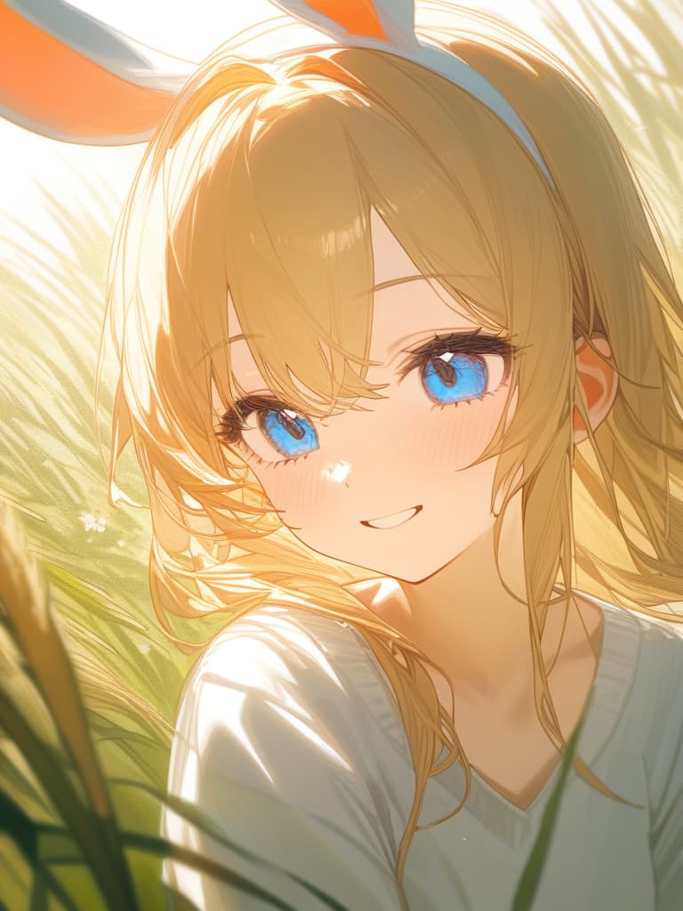  blond, girl, blue eyes, moon watching, pampas grass, smiling, rabbit, rabbit ears, masterpiece, best quality,8k,ultra detailed,high resolution,an extremely delicate and beautiful,hyper detail