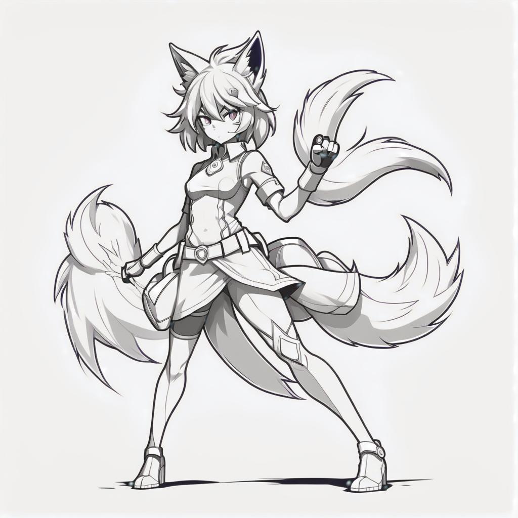  line art drawing foxy girl, battle stance, same nightmare. anime style . professional, sleek, modern, minimalist, graphic, line art, vector graphics