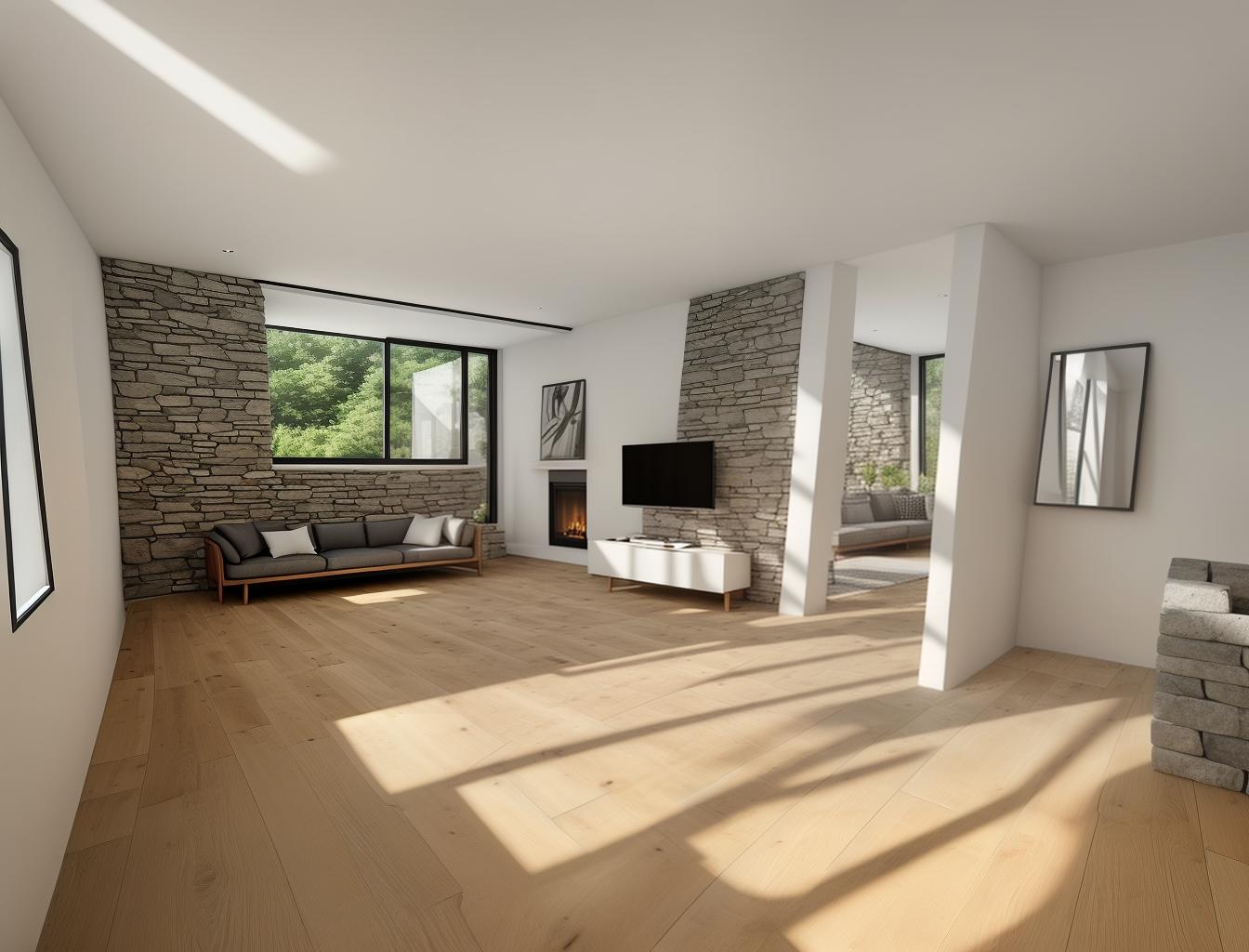  produce a photorealistic rendering of a modern interior with a stone wall as a focal point, complemented by wooden flooring and large windows. add a sleek, modern sofa and minimalist furniture that reflects a contemporary style, creating a space that feels both rustic and sophisticated.