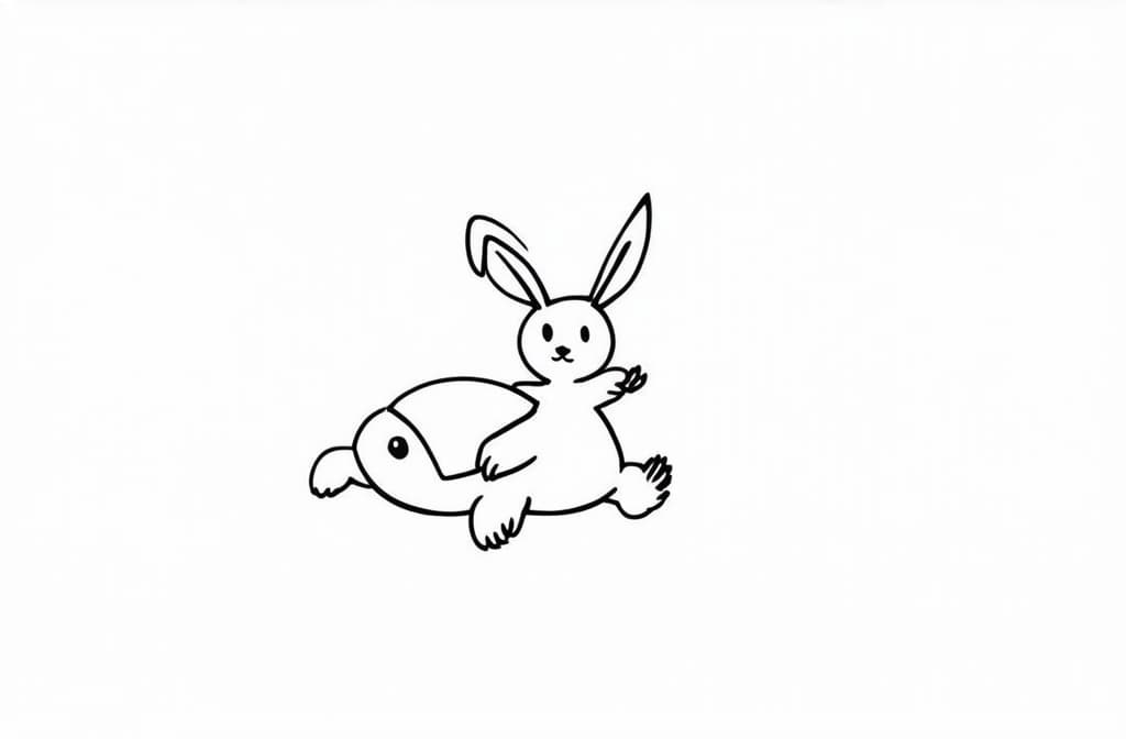  contour, very simple image in one unbroken black ink line, single line of bunny jumping after turtle ar 3:2 using a single continuous black line ink brushon white background, drawing should be created without lifting the pen, recognizable features of bunny jumping after turtle ar 3:2 in one unbroken line