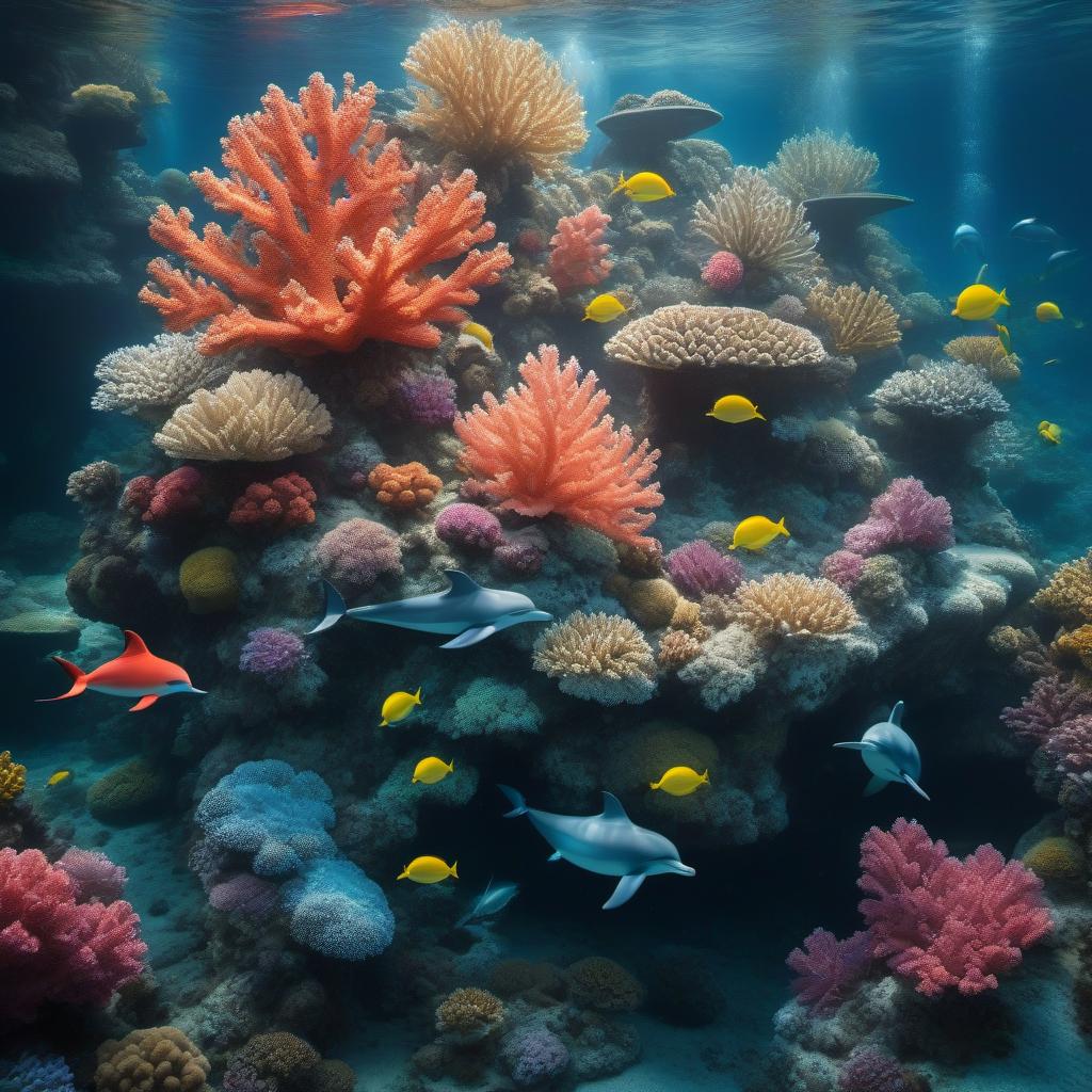  An underwater world full of picturesque corals, playful dolphins and mysterious shipwrecks. hyperrealistic, full body, detailed clothing, highly detailed, cinematic lighting, stunningly beautiful, intricate, sharp focus, f/1. 8, 85mm, (centered image composition), (professionally color graded), ((bright soft diffused light)), volumetric fog, trending on instagram, trending on tumblr, HDR 4K, 8K