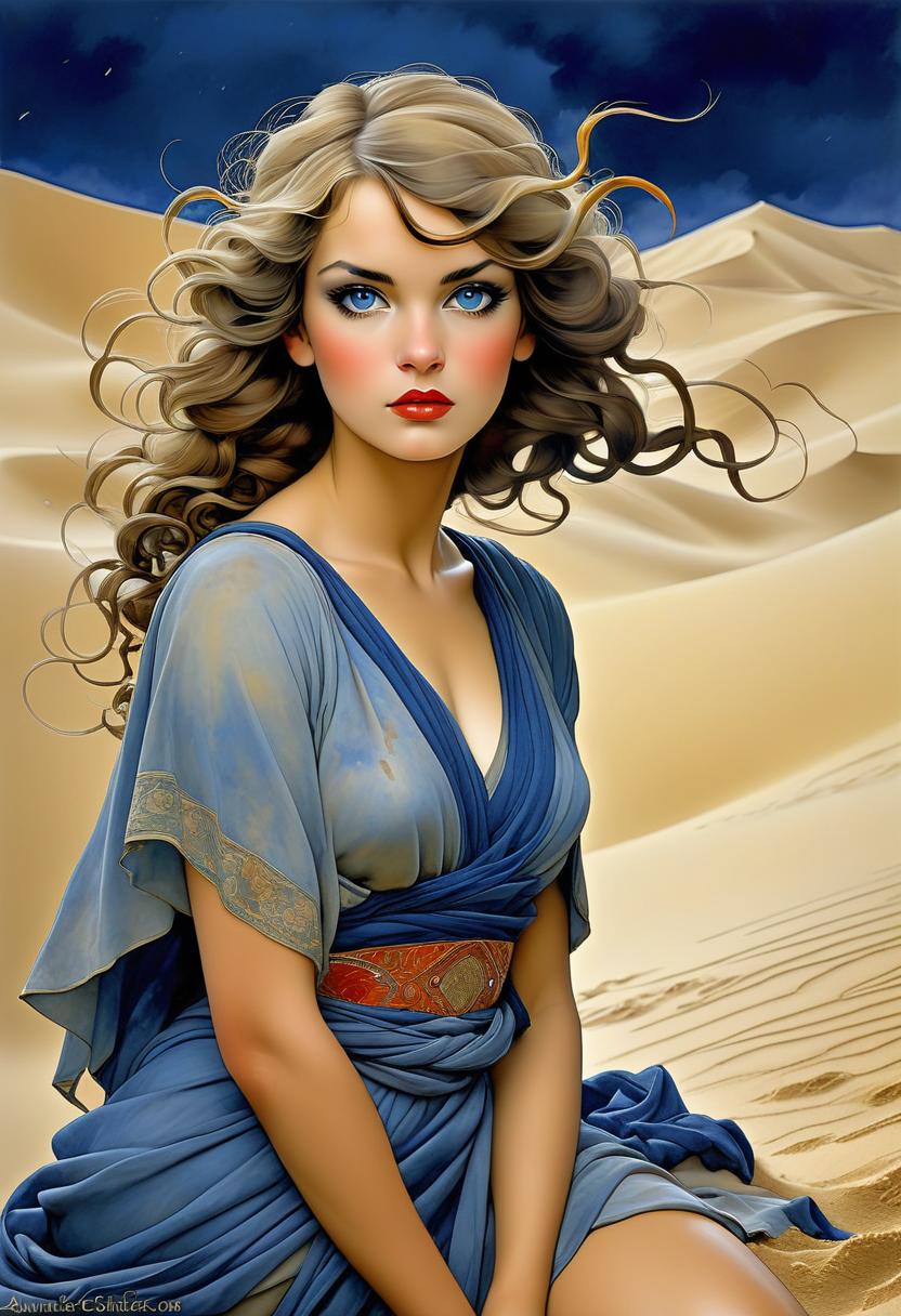  mucha paint a beautiful woman in sand desert stormy, watercolor and ink imperial colors, art deco by annigoni, egon schiele, milo manara, botticelli, catrin welz stein, jean metzinger, klimt, perfect eyes, perfect handsface, highly detailed, splatter, dynamic pose, dark blue background