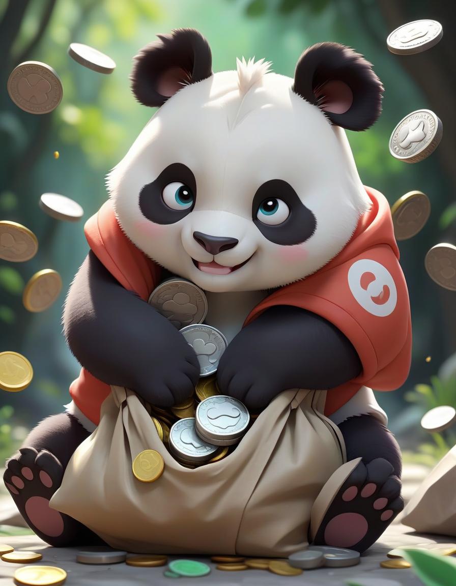  pokémon style a small cartoon panda hugs one bag with a slight smile, and coins are scattered nearby. . vibrant, cute, anime, fantasy, reminiscent of pokémon series