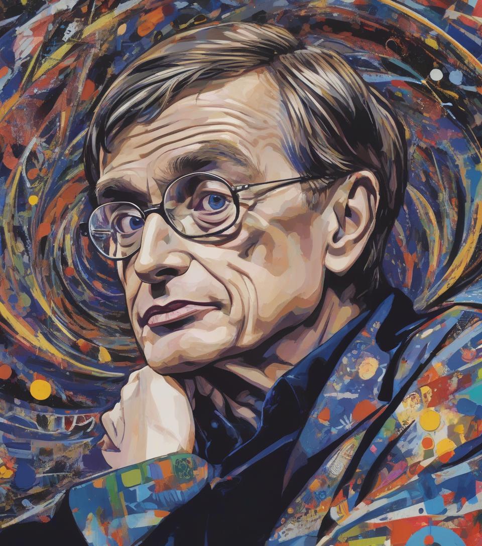  pop art style stephen hawking, dark blue tones, against the background of a black hole, high detail, working out small things, hawking's formula in paint . bright colors, bold outlines, popular culture themes, ironic or kitsch