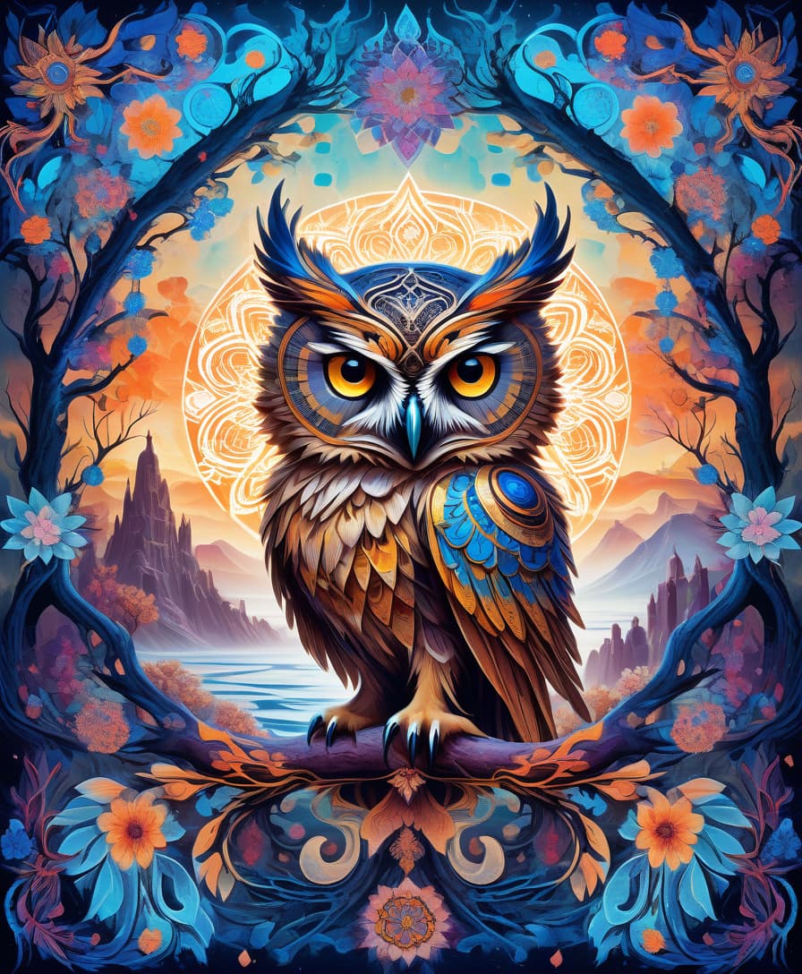  abstract expressionist painting masterpiece, hdr 8k, digital image. conceptual art. (owl, a dangerous bird of prey, sits on a tree, piercing gaze, sharp beak, powerful claws), appearing in ancient russian ethnic ornaments that make up a symmetrical mandala consisting of an endless forest, a wide flowing river and majestic mountains, the mandala is decorated with a fantastic ice pattern). abstract elements: stones, tree leaves, flowers. the effect of dissolving the natural shades of fur in sky waves. filigree finishes, mysterious neon glowing accents, intricate. stylization. neo rococo style. stylish, dynamic, atmospheric. background dissolving abstract patterns in the space:: vignetting:: complex ethnic ornament. mystery, fantasy surreali